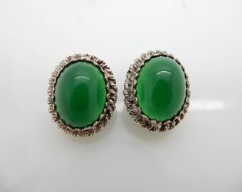 Solid Vintage Silver 800 Green Chrysoprase Leverback Ornate Earrings; sku # 4708