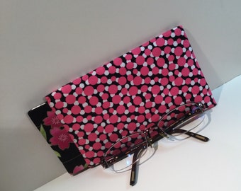 Pink polka dot Eyeglasses case, sunglasses case, iPod/cell phone sleeve case with pinch frame closure, purse insert, eyewear accessories