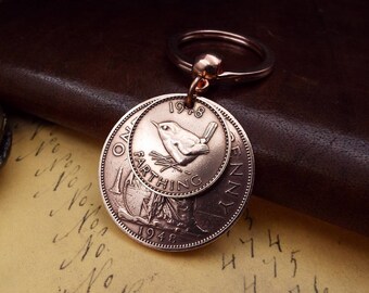 1948 British Penny Farthing Old Vintage Double Coin Keychain Gift Lucky Penny 70th Birthday Gift. Boxed
