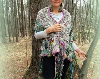 hand knit wrap art yarn enchanted forest gypsy rose wrap scarf - wandering roses forest shawl