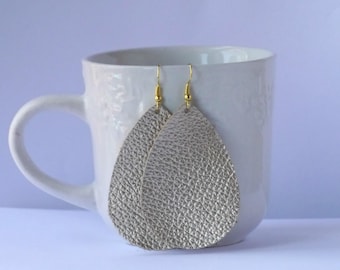 Pale Gold Matte Leather Teardrop Drop Earrings