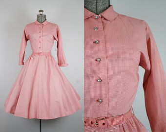 1950's Red and White Gingham Plaid Day Dress / Size Small