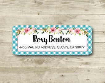 Roses, Turquoise Gingham, Floral, Watercolor Style, Rose, Return Address Label, Personalized, MATTE, Wedding, Shower, All Occasions