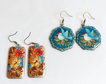 Flower earrings, painted wood earrings, birds, Russian jewelry, floral earrings, boho earrings, bohemian earrings, folk art jewelry