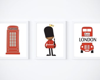 London Set of 3 Prints, Travel Pictures, Royal Guard, Double Decker Bus, Telephone Box, Red Wall Art Decor, Phone Booth, Home Decoration Art