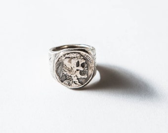 Hobo Nickel Brave, Biker Ring, Men's Ring, Gifts for Him, Mixed Metal ring, Signet Ring, Mexican Souvenir Ring, Fathers Day, Vintage