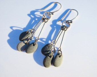 Beach stone earrings, beach stone jewelry, stone earrings, beach earrings, sterling silver stone dangles, stone dangle earrings, beach lover