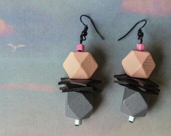 Cubist (handmade earrings from recycled bicycle inner tube and beads)