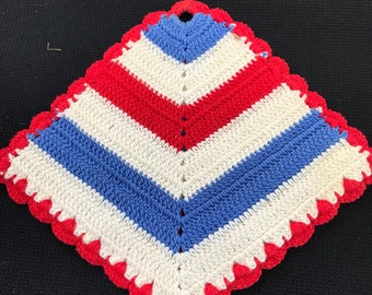Vintage Hand Crochet Red, White and Blue Pot Holder/Potholder