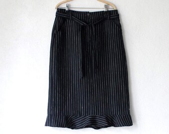 Vintage Striped Linen Pencil Skirt Navy Blue White Midi Skirt Size EU 40/ UK 14/ US 10