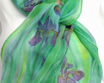 silk scarf chiffon hand painted Wild Iris long unique green lavender purple wearable art women luxury original
