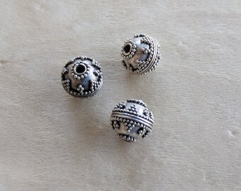 Sterling Silver Bali Style Beads, 9mm Components, Packet of 3 Round Sterling Silver Beads, Antiqued Granulated Destash Sterling Silver Beads
