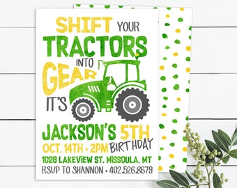 Boys Tractor Birthday Invitation, Green Tractor, Farm Birthday invite, Printable Invitation, Fifth Birthday, any age invite,