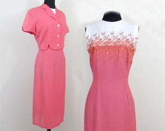 Coral & White Sheath and Jacket by Osgood - Linen Look Woven Rayon 1950s - Sm