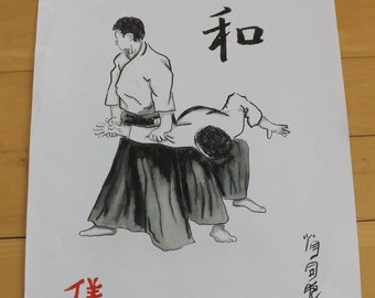 Aikido art,martial arts, Aikido art, budo art, iriminage throw with kanji peace