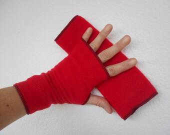 knit fingerless mittens red fleece linen ' eva creation