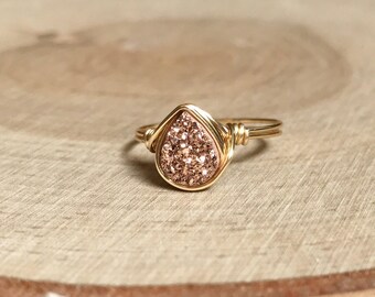 Rose Gold Druzy Ring, Druzy Ring, Peacock Druzy Wire Wrapped Jewelry Handmade Ring, Druzy Ring, Rainbow Druzy Ring