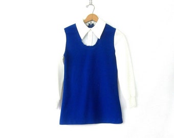 1960s Micro Mini Shirt Dress Blue and White Dress Modern Dress MOD Collar Dress Vintage Retro GOGO Dress Hipster Womens Small Medium