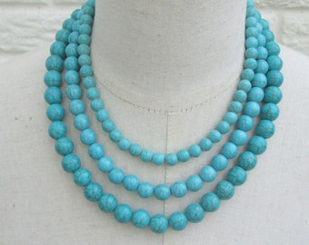Turquoise Triple Strand Layered Necklace Blue Green Silver Customizable
