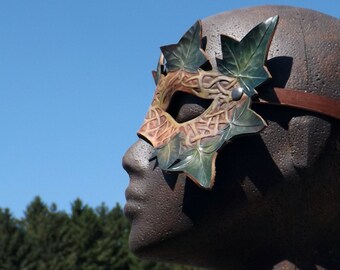 Green Man Mask with Ivy Leaves - Handmade in Leather