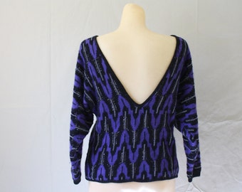 1980s Bare Back Sweater / Beaded Formal Sweater / Cocktail Sparkle Sweater / Vintage Lambswool Sweater / Couture Black Purple Sweater M