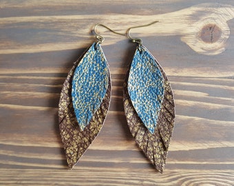 Leather Boho Earrings. Large Bohemian Earrings. Leather Feather Earrings. Brown Blue Bronze Earrings. Bohemian jewelry. Boho Chic Jewelry.