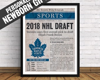 Toronto Maple Leafs | Custom Birth Announcement, Newborn Sports Section Page with Birth Stats | Art Print | Perfect Gift for Hockey Fans