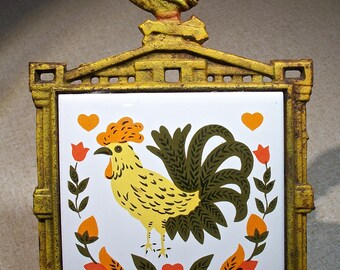 Cast Iron & Tile Rooster Trivet! Yellowed Metal, Chicken, Yellow, Orange, Green, Black, Pennsylvania Dutch Style, Kitchen Wall Art, Solid