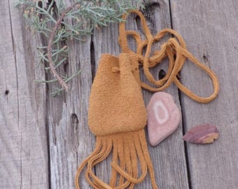 Buckskin medicine bag with fringe , Leather crystal bag , Suede leather necklace bag , Amulet pouch