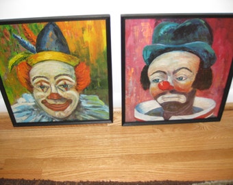 CLOWN FACES FRAMED Two Prints Clown Faces Framed In Black Wood Frame By Michelle 13 3/4" x 15 1/4"