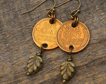 Leaf penny earrings, multicolor beads, US wheatie coins French hooks brass dangle