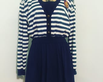 Vintage - 1980s Navy and White Striped Sailor Dress