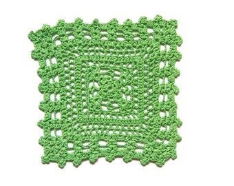 Bright green hand dyed square Crochet Doily Vintage doily