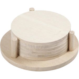 Plain Coasters Set - Round Wood Coaster x 6 & Holder - MDF Paint Decorate Craft Home Gift