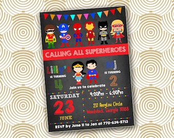Superhero Invitation, Twins Party invite, joint birthday party, Two kids Superhero Party Birthday invitation, sibling birthday