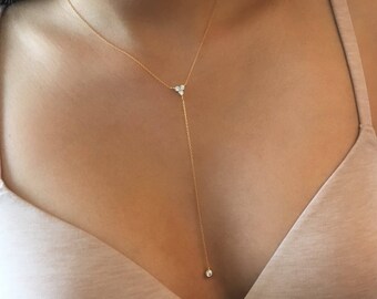 Dainty Cz Lariat Necklace. Y Necklace. Lariat Necklace. Triple CZ Necklace. CZ Y Necklace. Minimalist Jewelry. layering Necklace