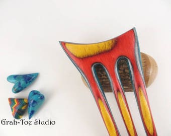 Rainbow Spectraply Hair Fork, 3 prong Threnody Hairfork, Hairforks, Grahtoe Studio, Haare Staabe, Gift for her, Long hair fork