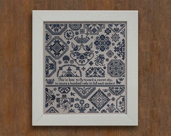 INSTANT DOWNLOAD A Secret Sky Quaker Sampler PDF counted cross stitch patterns by Modern Folk at thecottageneedle.com monochromatic