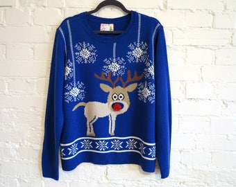 Blue Knitted Ugly Christmas Sweater Rudolph the Red Nosed Reindeer Blue Winter Cardigan Stockings Cosby Jumper Festival Jumper XL Size