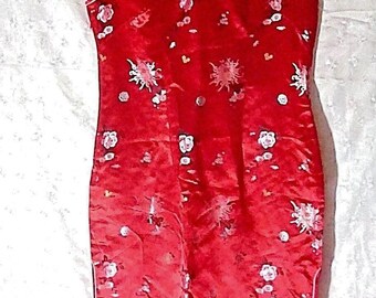 Red Cathaya Silk Flower Embroidered Asian Dress - Size L