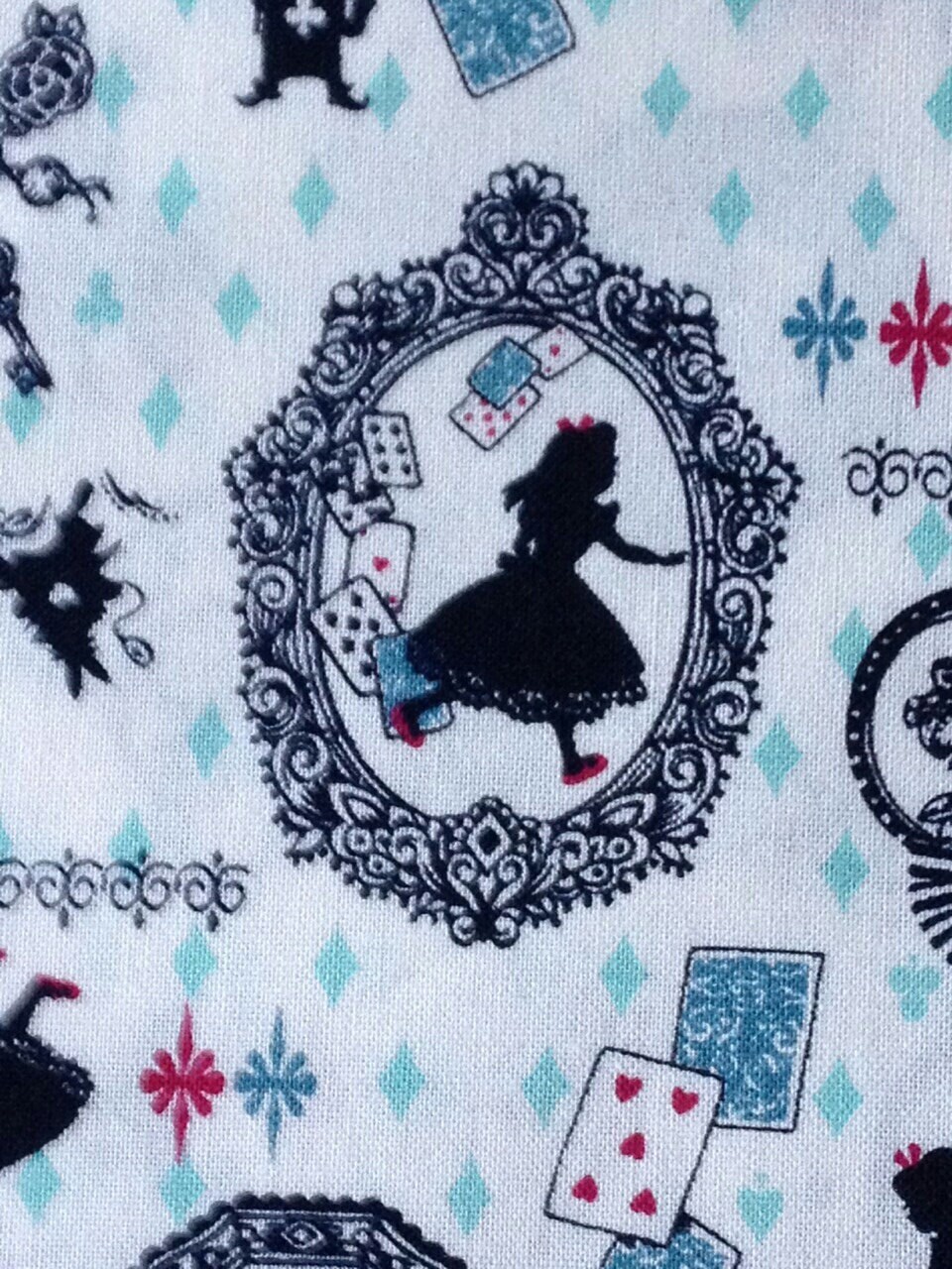 Half yard Alice in wonderland fabric ivory and blue color