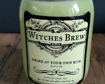Light green "Witches Brew" 100% soy candle in Bartlett Pear scent