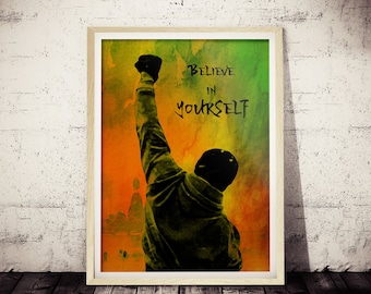 Rocky Inspirational "Believe in Yourself" Fan Art Poster, Original Watercolor Rocky Painting Print, Motivational Rocky Balboa Wall Decor