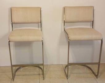 Cal-Style (Signed) Milo Baughman Mid-Century Hollywood Regency Cantilevered Bar Stools (Pair)