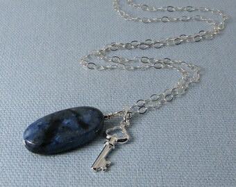 Flower Dumortierite and Sterling Silver Key Pendant Necklace