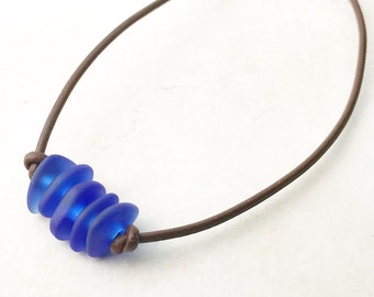 Mens Necklace, Mans Necklace, Seaglass Necklace, Sea Glass Necklace, Leather Necklace, Surfer Necklace, Ocean Jewelry, Beach Jewelry, Blue