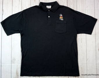 Vintage 80s Mickey Mouse Velva Sheen Polo Shirt, Adult XL, Extra Large, Black, Embroidered Mickey Logo, Florida, Spellout, Walt Disney World