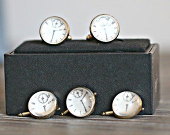 Vintage Cufflinks and Studs Set For Tuxedo, Clock Cufflinks and Studs, Steampunk Cufflinks and Studs, Vintage Groom Gift, Prom, Party