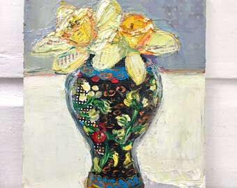 Daffodils Enough original mixed media still life painting by Polly Jones