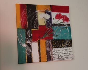 Abstract painting poppies on colorful Patchwork